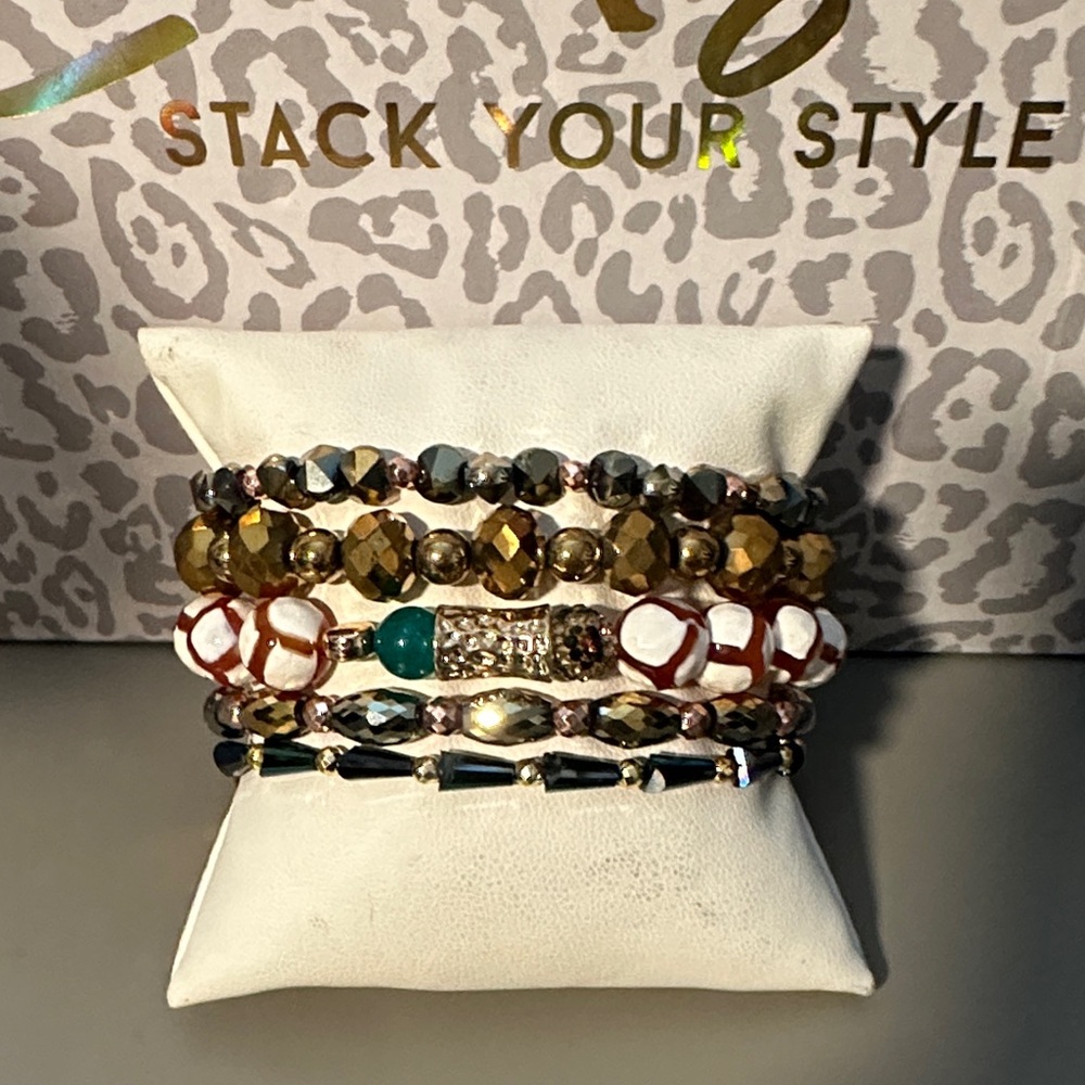 Erimish Gold and Green with some White Stretch Beaded Bracelet Set